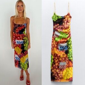 Zara Fun Colorful Fruit Stand Printed Mesh Midi Dress, NWOT Sz M